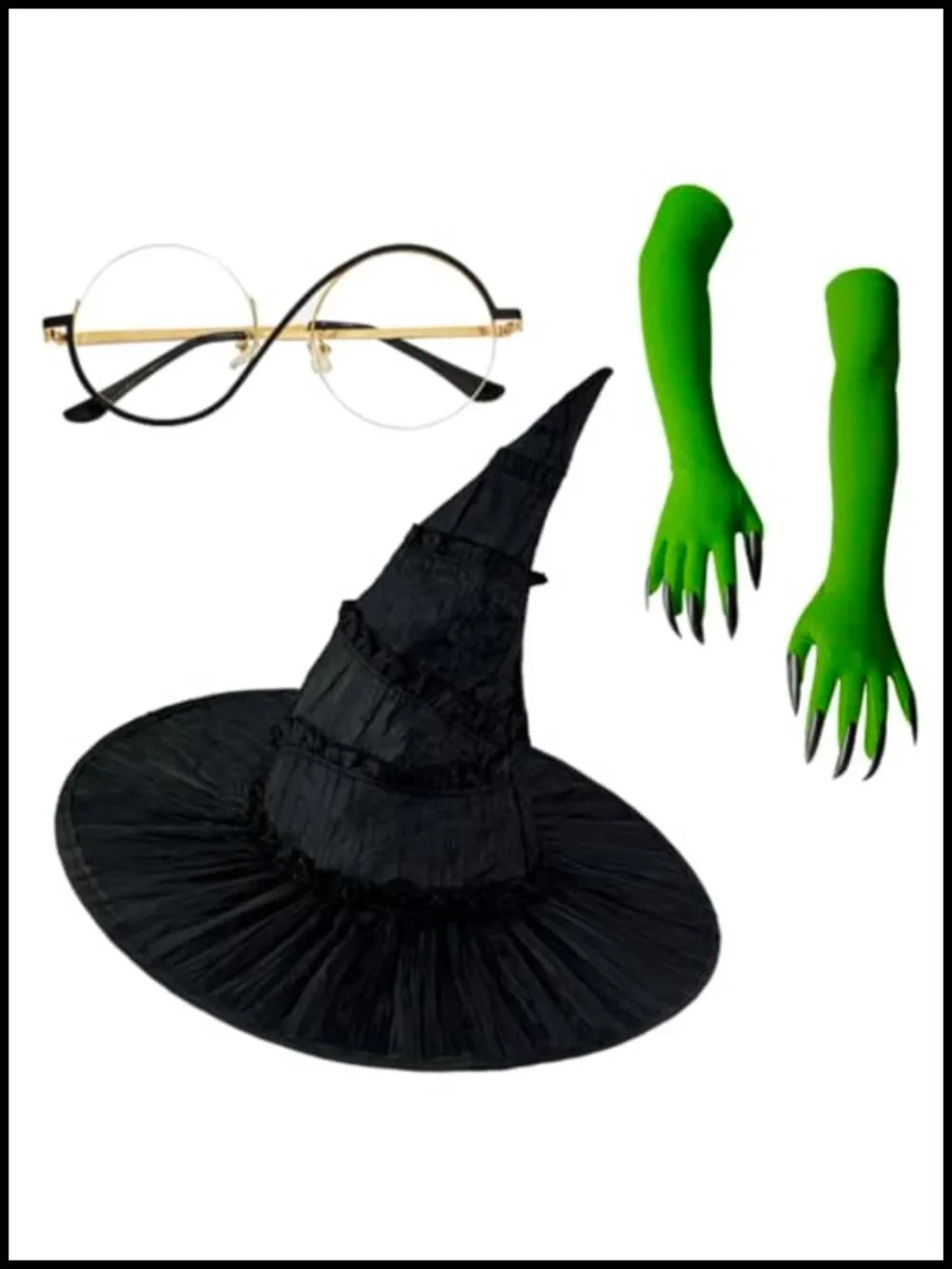 Witch Costume Set - Hat, Green Claw Gloves & Glasses - Halloween Cosplay Kit